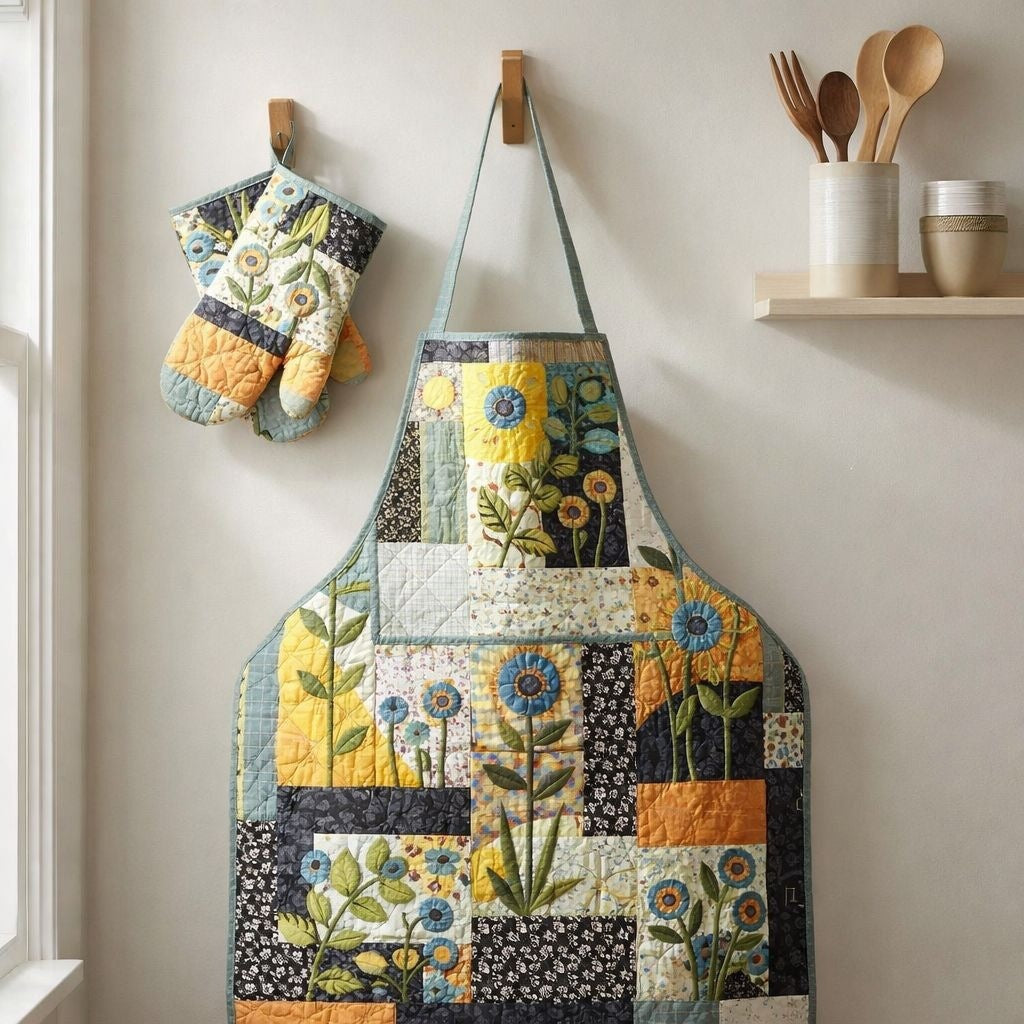 Sunflower Garden Patchwork | Quilted Apron &amp; Oven Gloves